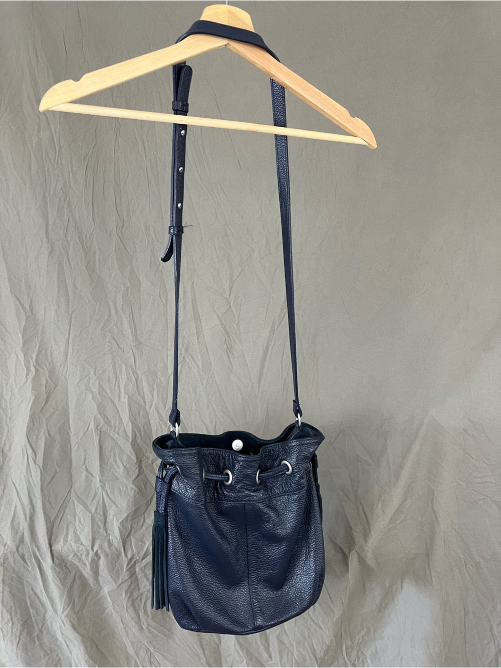 Classic Navy Leather Drawstring Crossbody Bag